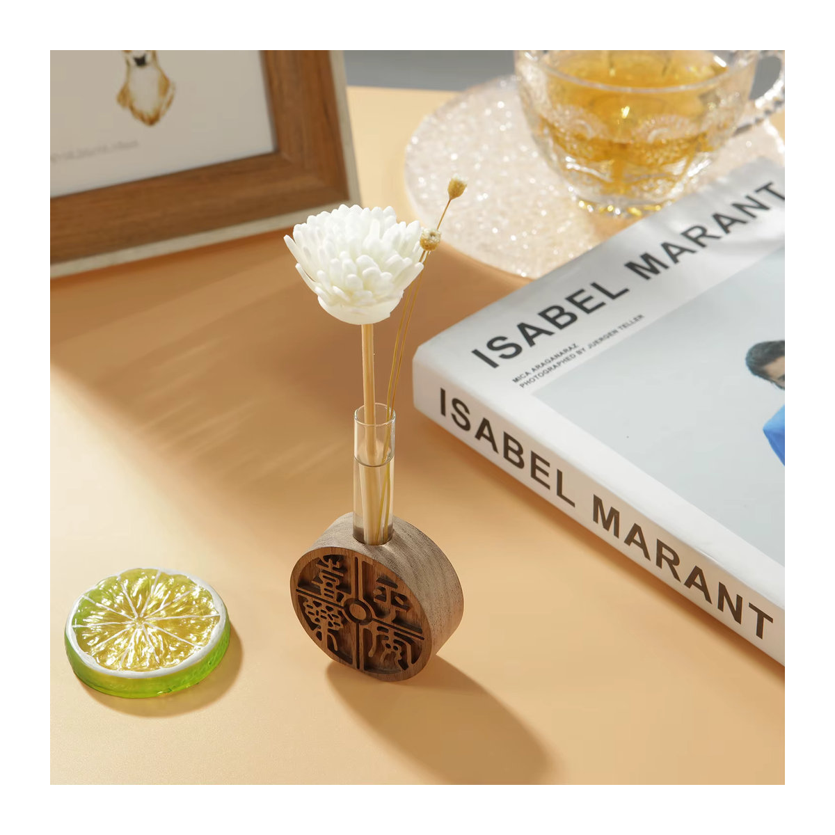 Holz Home Reed Diffusor aus Glas mit Holz und Sticks in Transparent, runder Glasbehälter für ätherische Öle - Bild 3