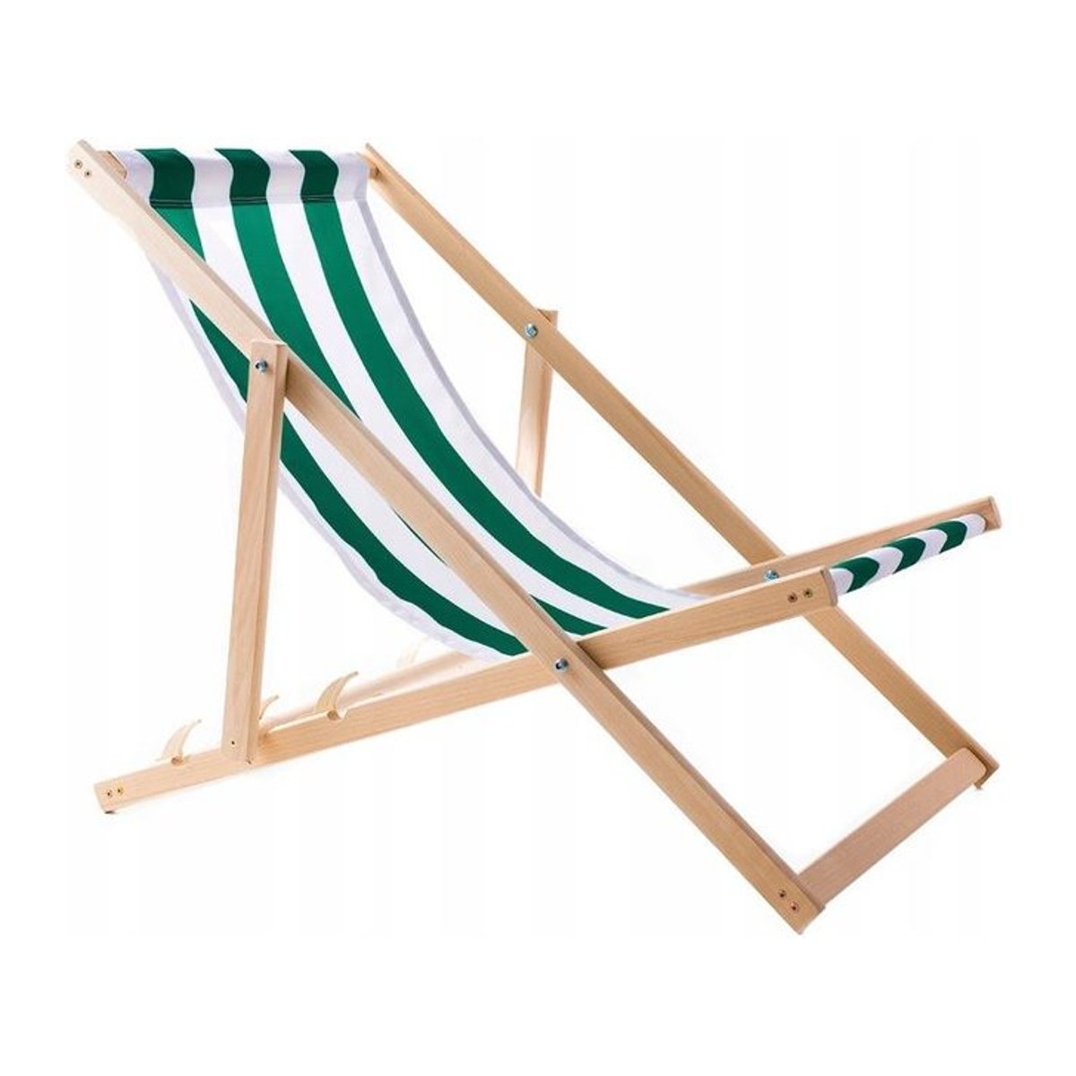 Holz-Klapp-Liegestuhl aus Buchenholz von Woodok mit grün gestreiftem Stoff für Garten und Strand - Bild 1