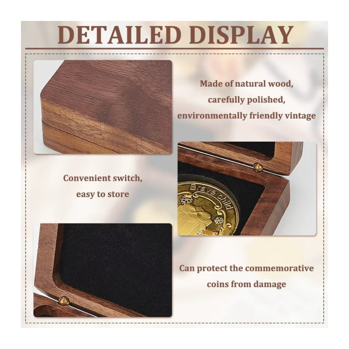 Holz-Münzpräsentationsbox mit schwarzem Samt-Inlay für 40 mm Münzen in Braun und Schwarz - Bild 4