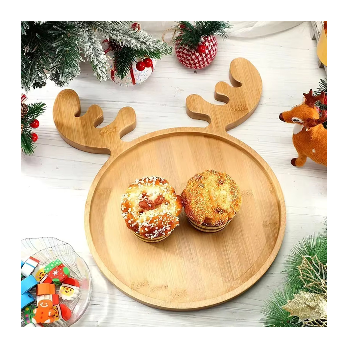 Holz-Weihnachtstablett mit Weihnachtsbaum- und Hut-Muster für Süßigkeiten, Snacks und Desserts - Bild 1
