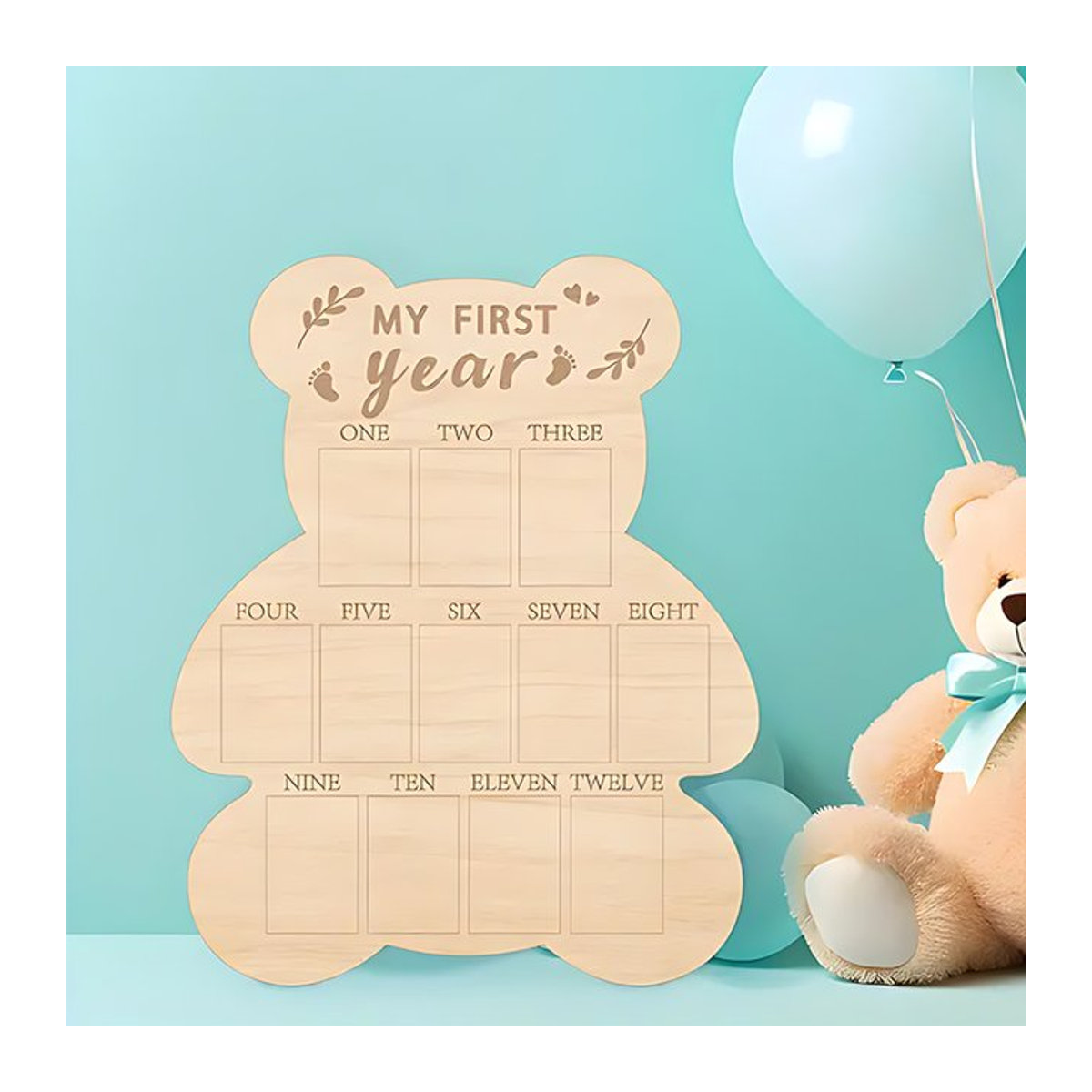 Holzbär Frühjahr Meilenstein Fotorahmen aus Holz in Braun und Beige für Baby Geburtstage und Tischdekoration, B/H: 40,6 x 32,7 cm - Bild 1