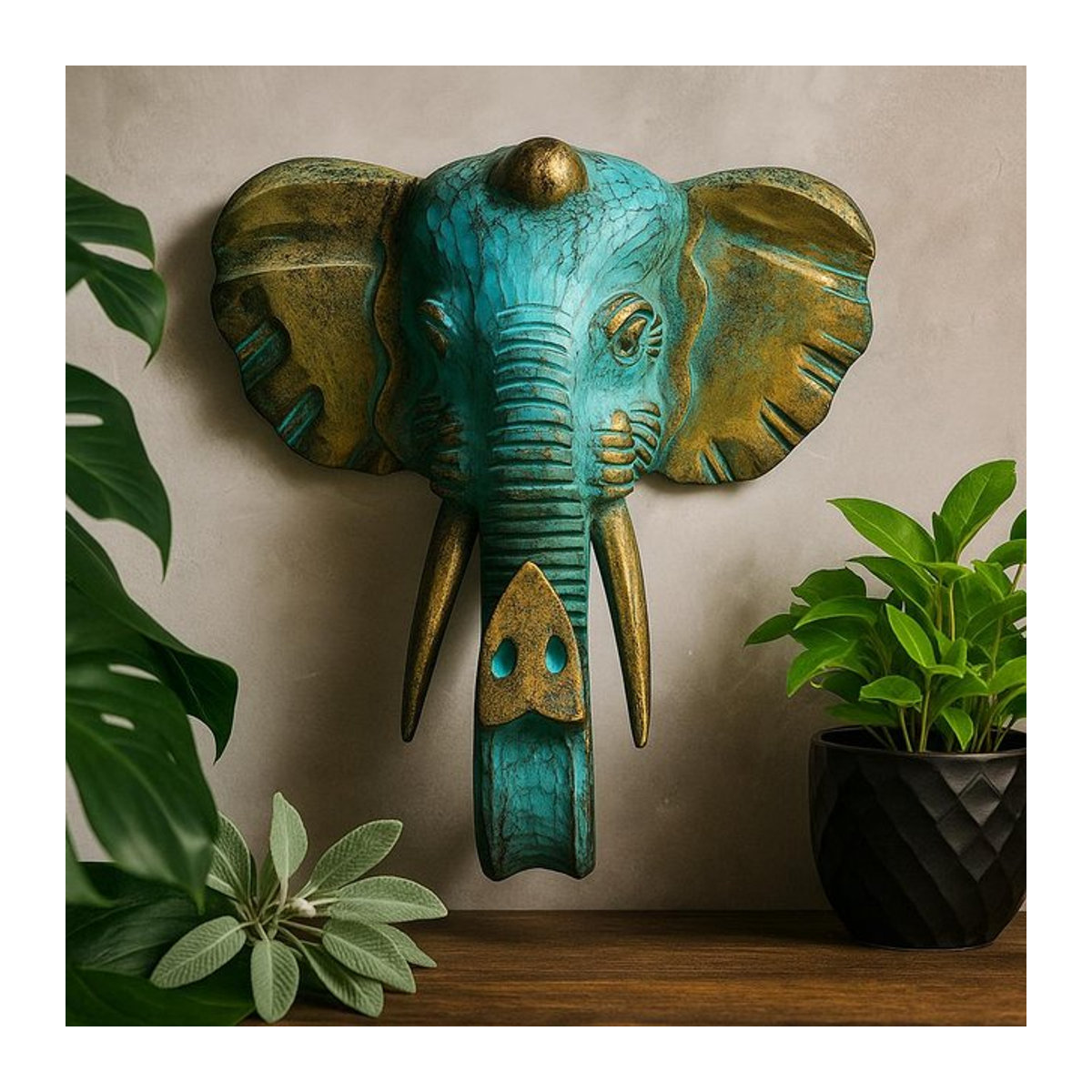 Holzskulptur Elefantenkopf von SHAMTAM in Gold und Türkis zur Wandmontage - Bild 1