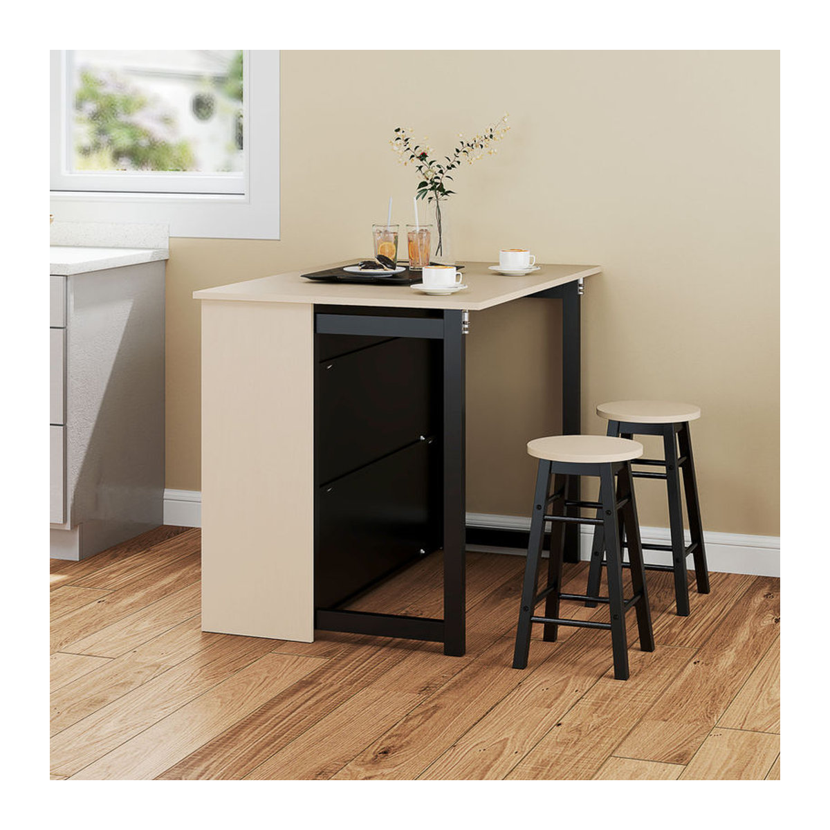 HOMCOM 3-teiliges Bartisch Set mit Barhockern und klappbarer Tischplatte in Schwarz, moderner Esstisch mit Schrank für Esszimmer und Wohnzimmer - Bild 2