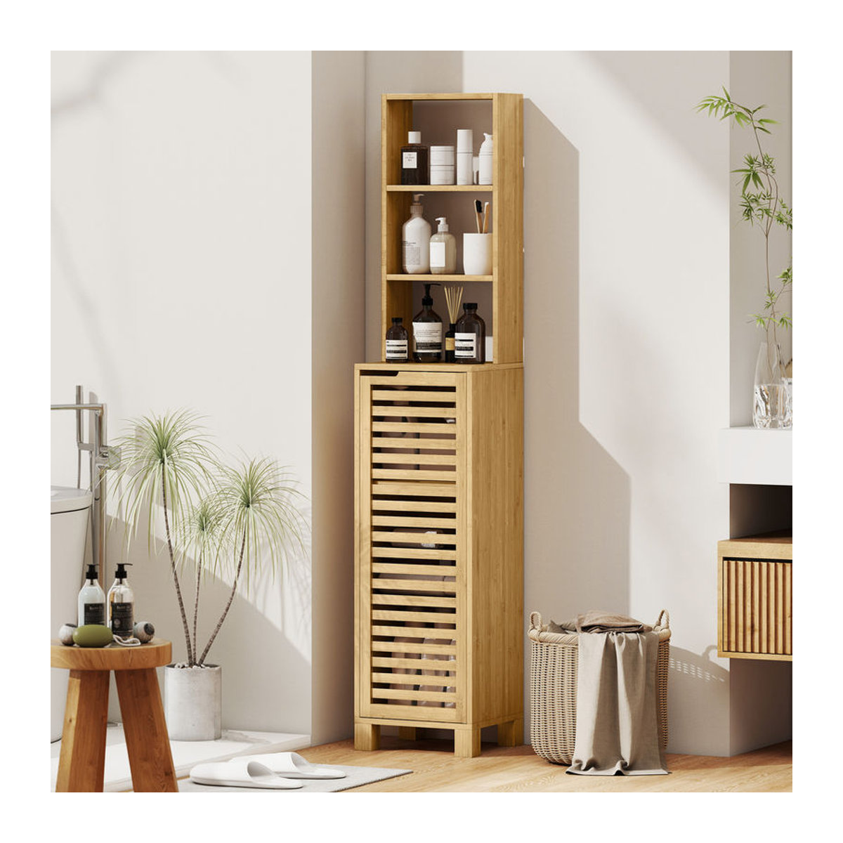 HOMCOM Badezimmerschrank aus Bambus mit Lamellentür und verstellbaren Regalen, schmaler Hochschrank in Natur, B/T/H: 34 x 30 x 170 cm - Bild 2