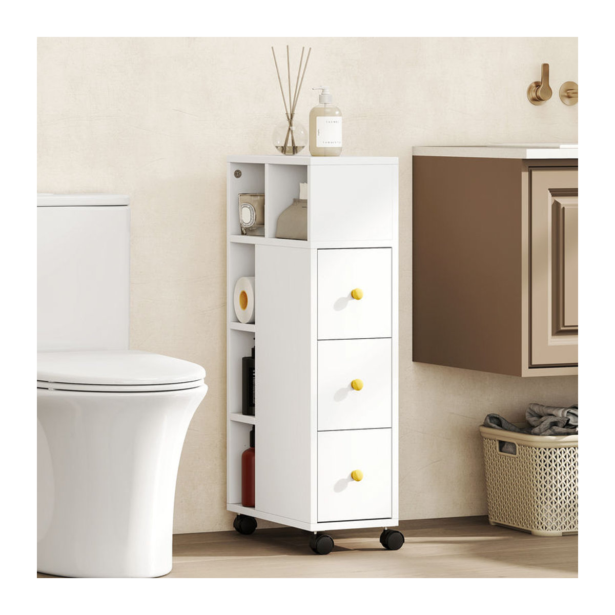 HOMCOM Badezimmerschrank Weiß mit 3 Schubladen und 5 offenen Fächern, schmaler Nischenschrank auf Rollen, B/T/H: 40 x 20 x 80 cm - Bild 2