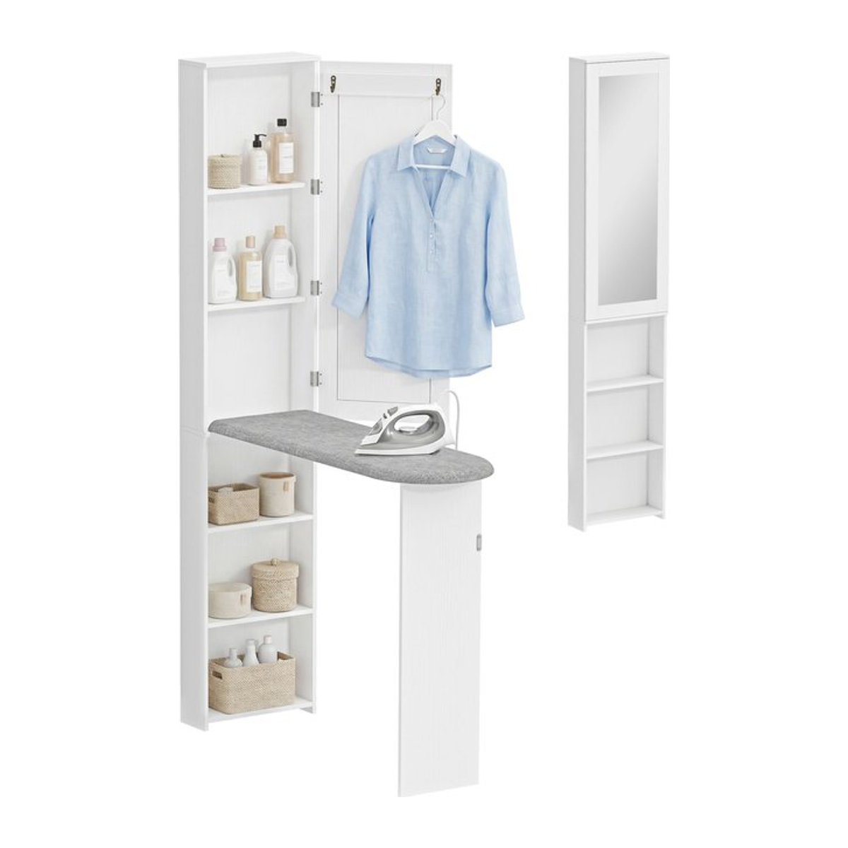 Homcom Bügelbrett mit Spiegel und Schrank, klappbares Bügelbrett mit 6 Fächern und 2 Haken, Weiß, H x B x T: 174 x 107 x 35 cm - Bild 1