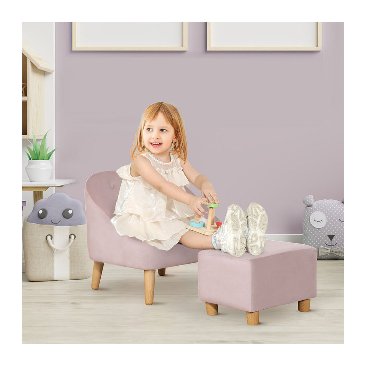 HOMCOM Kindersessel mit Fußhocker in Rosa aus Samt und Eukalyptusholz, B/T/H: 51 x 51 x 50 cm - Bild 2
