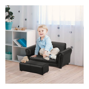 HOMCOM Kindersofa mit Hocker aus Kunstleder in Schwarz, B/T/H: 83 x 42 x 41 cm