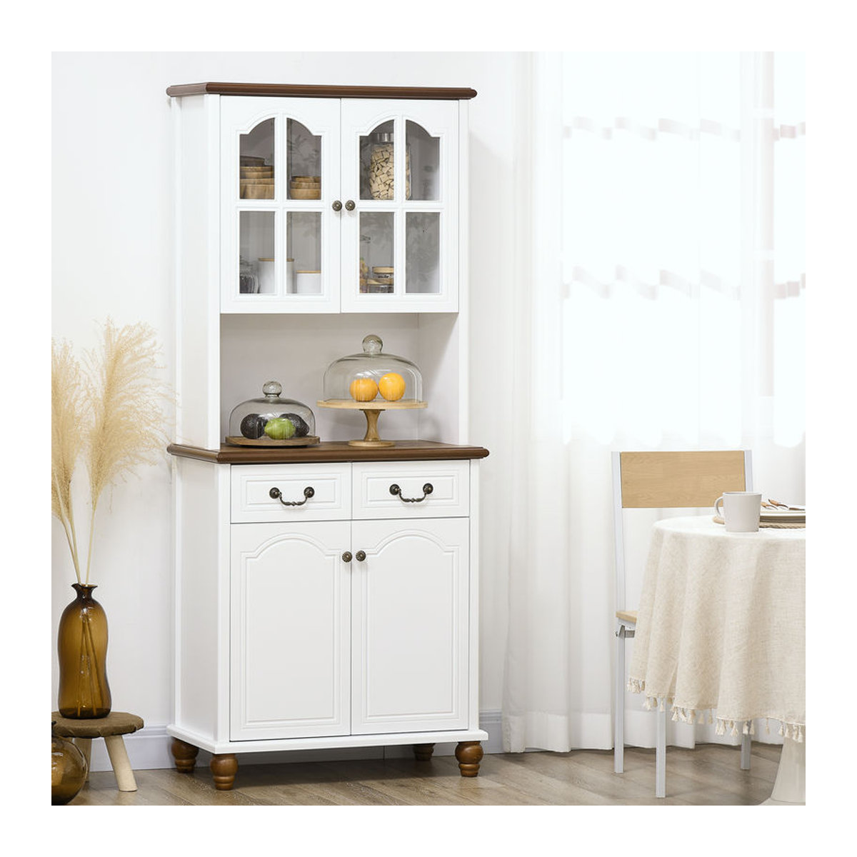 HOMCOM Küchenschrank Weiß mit 2 Schubladen und Vitrinenelement im Landhausstil, B/T/H: 76 x 38 x 182 cm - Bild 2