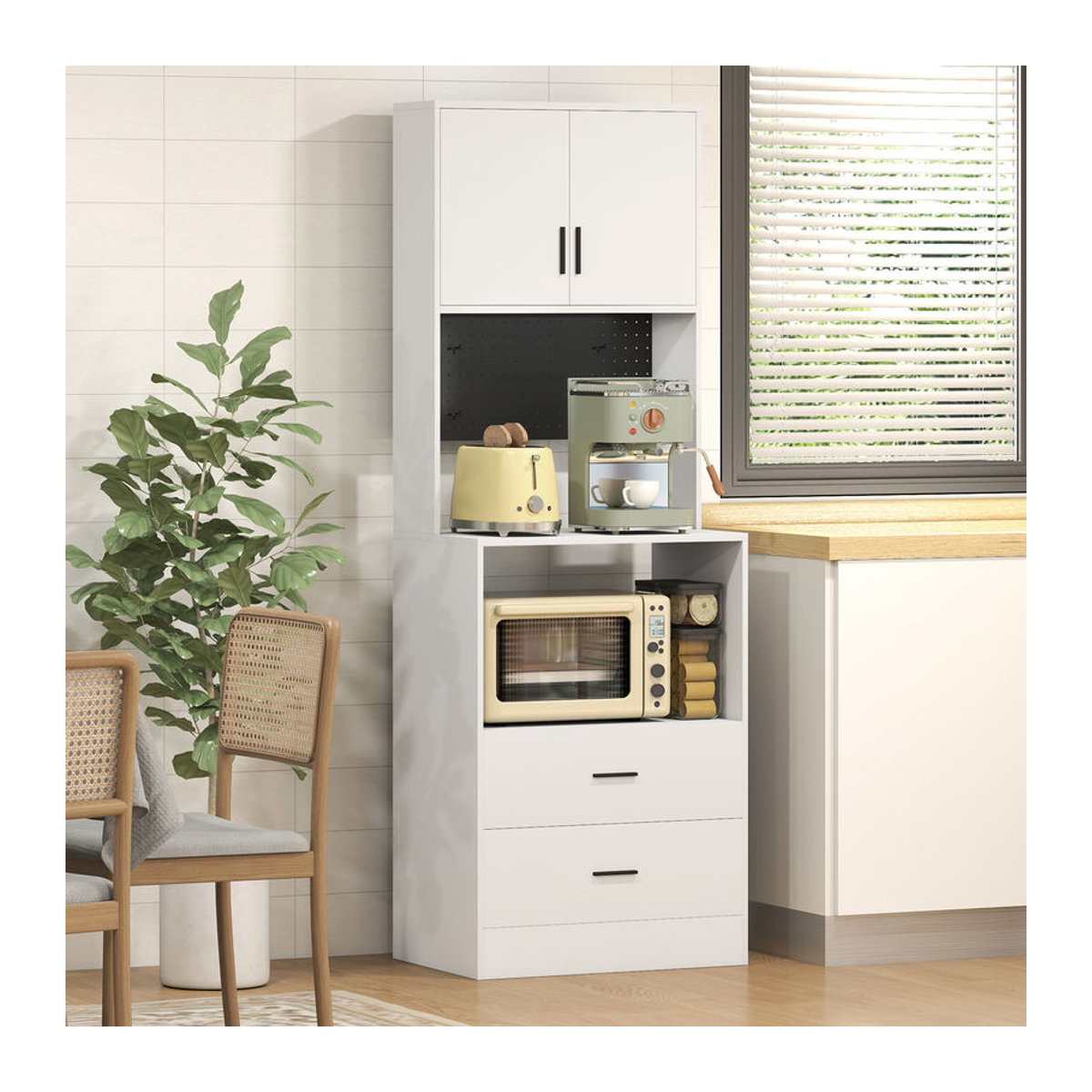 HOMCOM Küchenunterschrank Weiß mit Mikrowellenablage, 2 Schubladen, 2 Türen und Metall-Lochwand, B/T/H: 60 x 40 x 170 cm - Bild 2