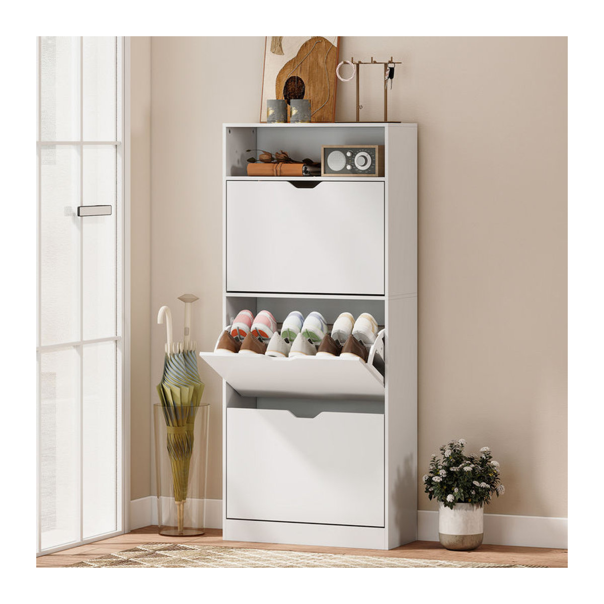 HOMCOM Schuhschrank mit 3 Klappen in Weiß, schmaler Schuhkipper mit verstellbaren Trennwänden für 12-18 Paar Schuhe, B/T/H: 60 x 26 x 140 cm - Bild 2