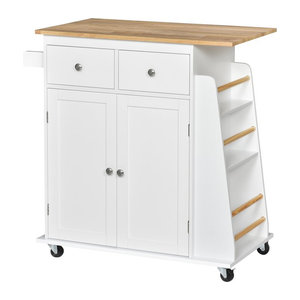 HOMCOM Servierwagen Küchenwagen mit Rollen, Seitenregal und Gewürzregal, Weiß+Natur, B/T/H: 89 x 45 x 89,5 cm