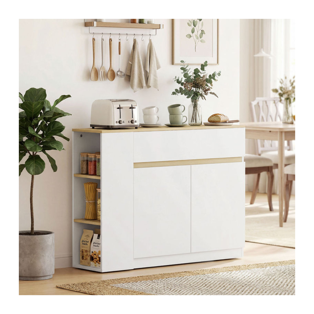 HOMCOM Sideboard in Weiß, moderner Küchenschrank mit Schublade und 3-stufigem Regal, B/T/H: 110 x 29,5 x 82 cm - Bild 2