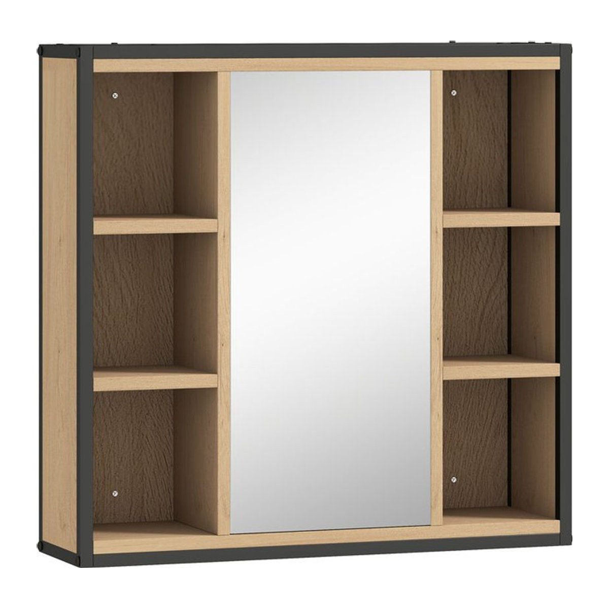 HOMCOM Spiegelschrank in Eiche mit 6 offenen Fächern und verstellbarem Regal, Industrieller Badezimmerschrank mit Wandspiegel, B/H/T: 60 x 58,5 x 16 cm - Bild 1