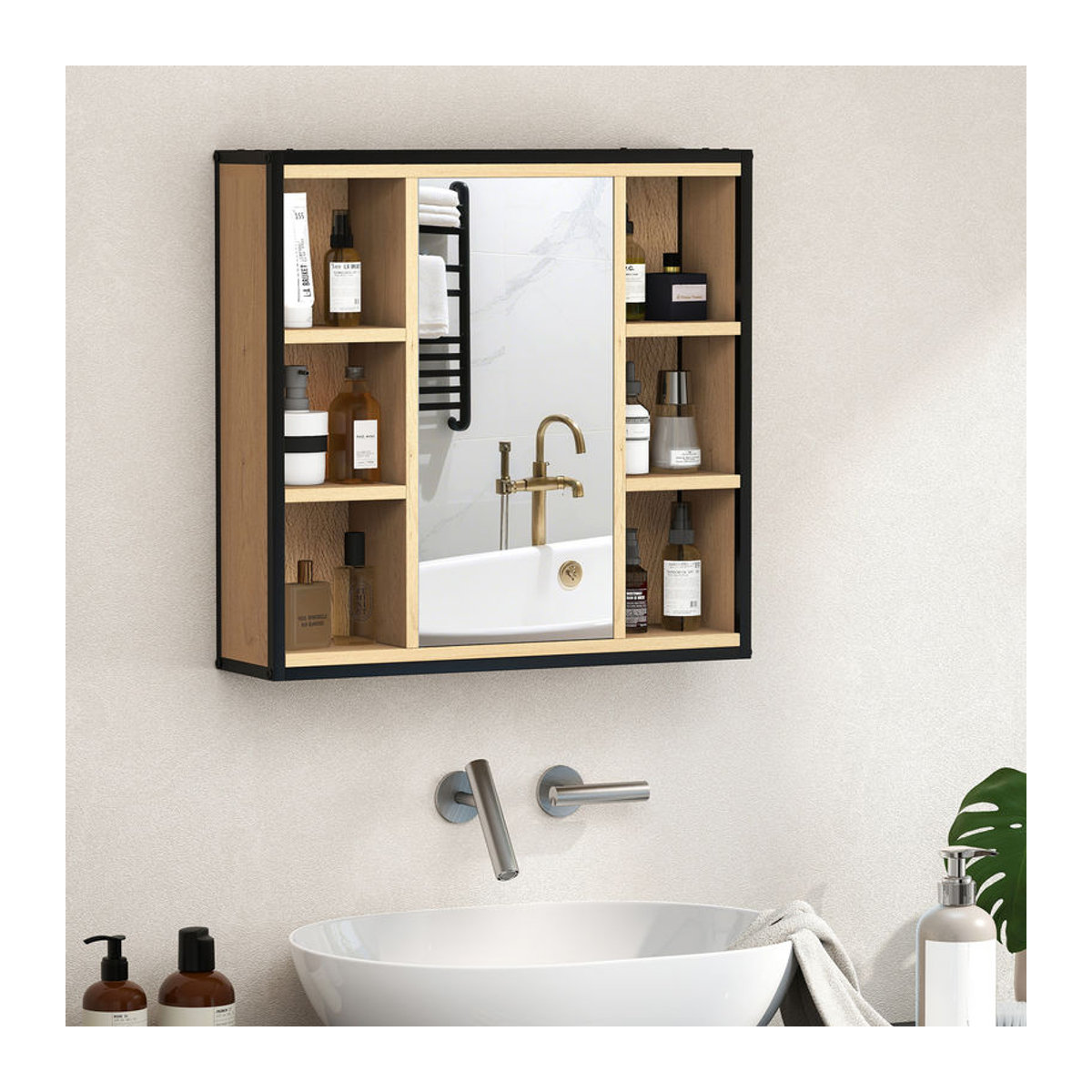 HOMCOM Spiegelschrank in Eiche mit 6 offenen Fächern und verstellbarem Regal, Industrieller Badezimmerschrank mit Wandspiegel, B/H/T: 60 x 58,5 x 16 cm - Bild 2