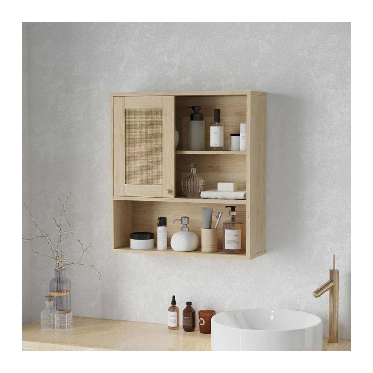 HOMCOM Wandhängeschrank im Bohemian Design mit Rattan und offenen Regalen, Naturholz, B: 60 cm, T: 20 cm, H: 65 cm - Bild 2