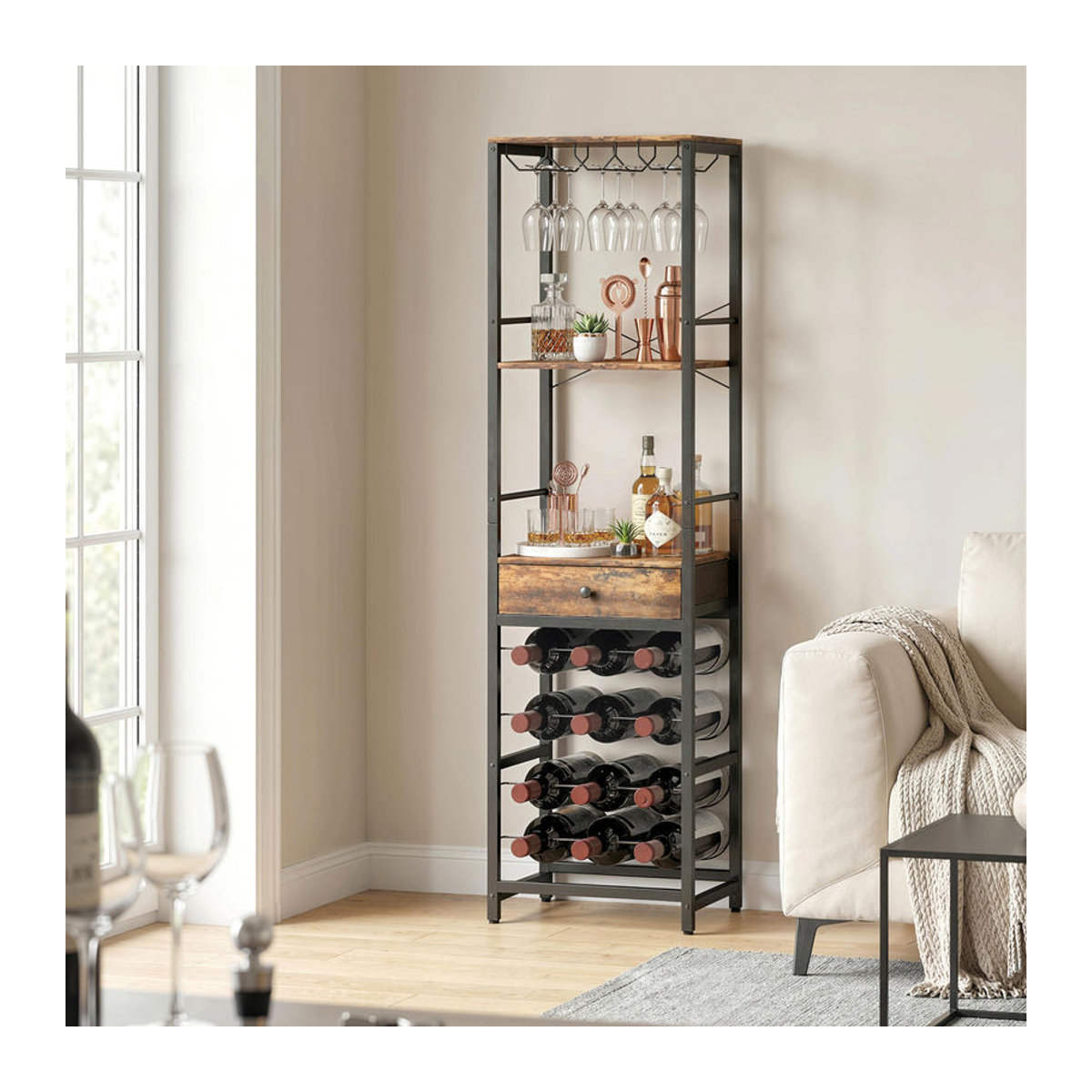 HOMCOM Weinregal in Industrial Design mit Glashalter und Schublade, Rustikal Braun, B/T/H: 40 x 30 x 148 cm - Bild 2