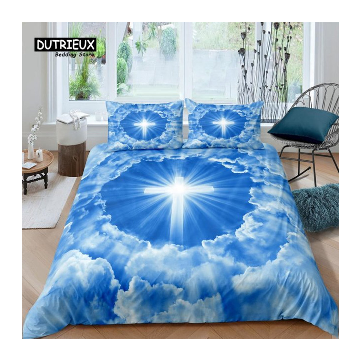 Home Living Luxus 3D Wolken und Kreuz Bettwäsche Set mit Kissenbezügen in Blau, B/B: 135 x 200 cm - Bild 1