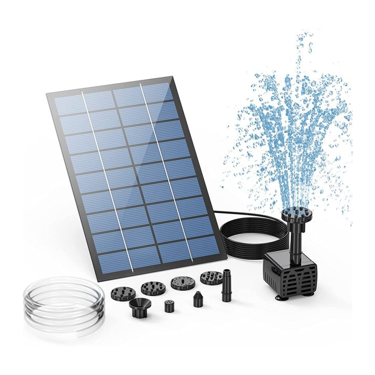 Home Whispers Solarbrunnenpumpe 2,5W aus Edelstahl in Schwarz mit 6 Düsen und 4-Fuß-Wasserleitung für Vogelbad und Teich - Bild 1