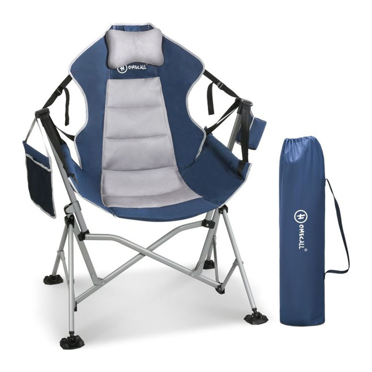 HOMECALL Campingstuhl als faltbarer Hängestuhl mit verstellbarer Rückenlehne, Lordosenstütze und Kopfstütze, Blau - Bild 1