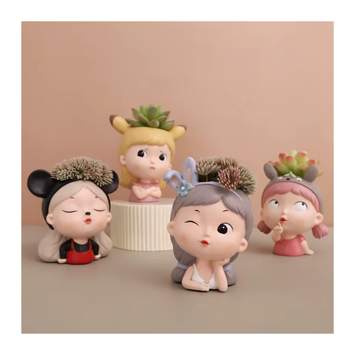 Homelike Decor Mini Garten Blumentopf Mädchen Cartoon Porträt aus Kunstharz, mehrfarbig - Bild 1