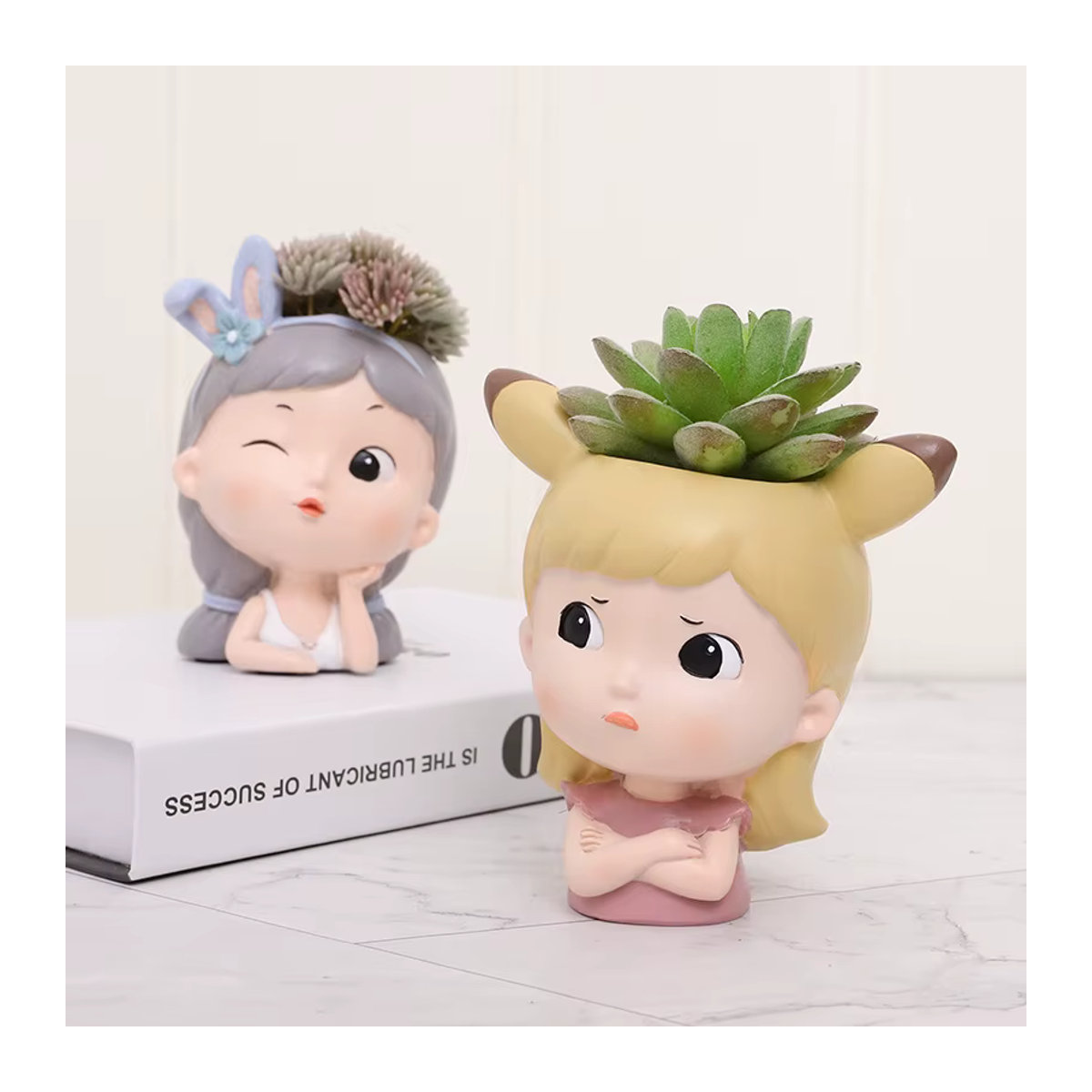 Homelike Decor Mini Garten Blumentopf Mädchen Cartoon Porträt aus Kunstharz, mehrfarbig - Bild 2