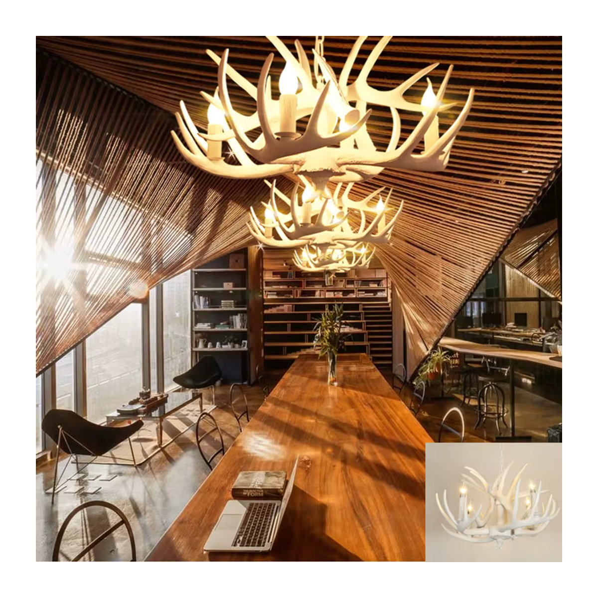 HomeLover Retro Geweih Kronleuchter aus Harz als Hirschhorn Pendelleuchte für Wohnzimmer, Restaurant und Hotel - Bild 2