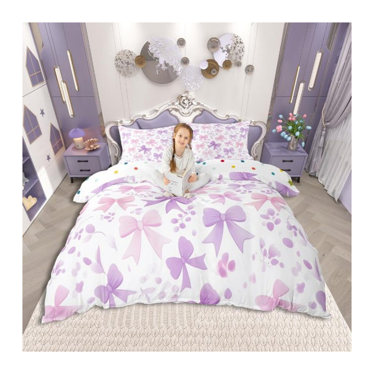 Homewish Bettwäsche-Set für Mädchen mit Schleifen- und Glitzer-Print, Multicolor, Single EU, B/H: 135 x 200 cm - Bild 1