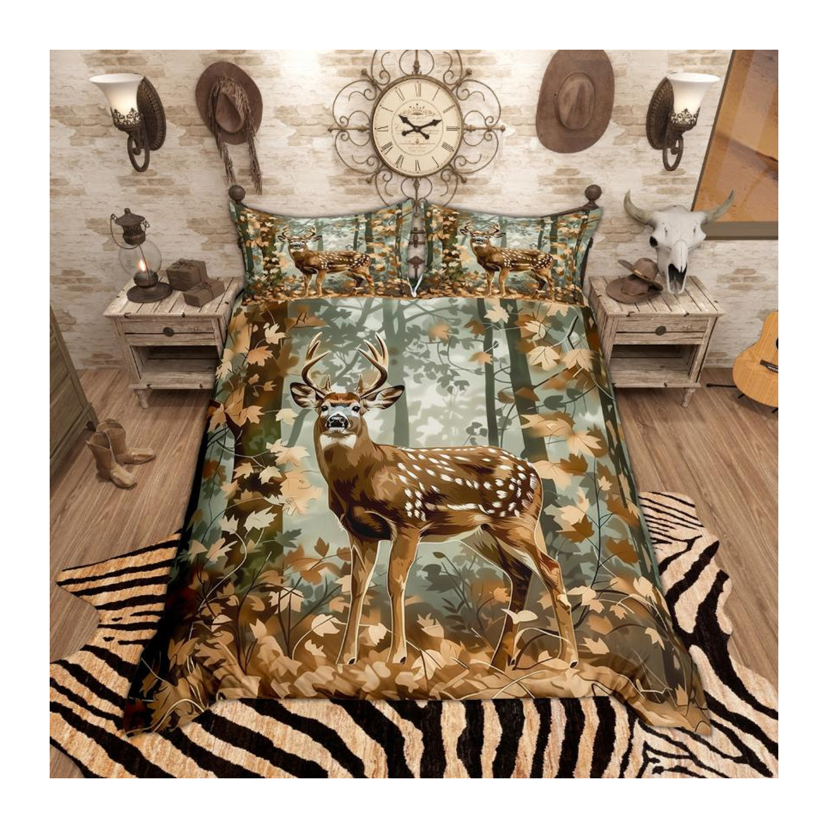 Homewish Bettwäsche-Set im rustikalen Bauernhaus-Stil mit Bär, Elch und Hirsch, Retro Lodge Design, EU Single, B/H: 135 x 200 cm - Bild 1