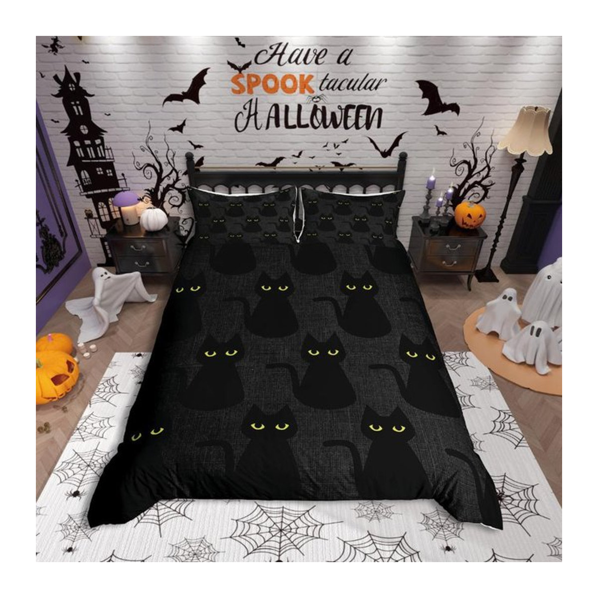 Homewish Bettwäsche-Set Lila mit lustigem Geist und Sternen-Print, wendbares Halloween Bettbezug-Set für Kinder und Teenager, B/H: 100 x 135 cm - Bild 1