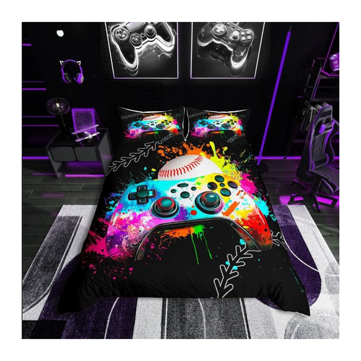 Homewish Bettwäsche-Set mit abstraktem Gamepad-Design und Blitz-Dekor in Multicolor, EU Single, 135 x 200 cm - Bild 1