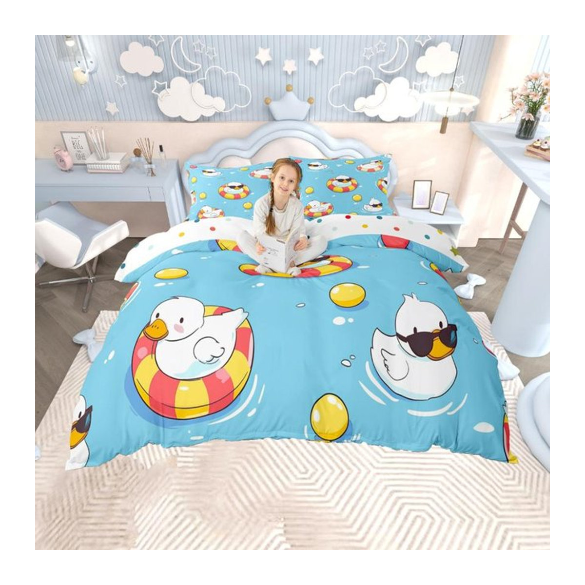 Homewish Bettwäscheset mit Enten- und Navigations-Motiv in Blau für Jungen und Teenager, 3-teilig, B: 135 cm, L: 200 cm - Bild 1