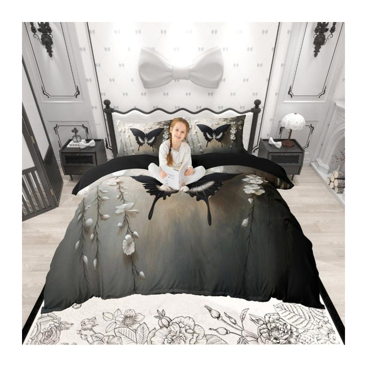Homewish Chic Bettwäsche-Set mit Schmetterlings- und Blumenmuster, 3-teilig, Weiß Grau Schwarz, B/H: 135 x 200 cm - Bild 1