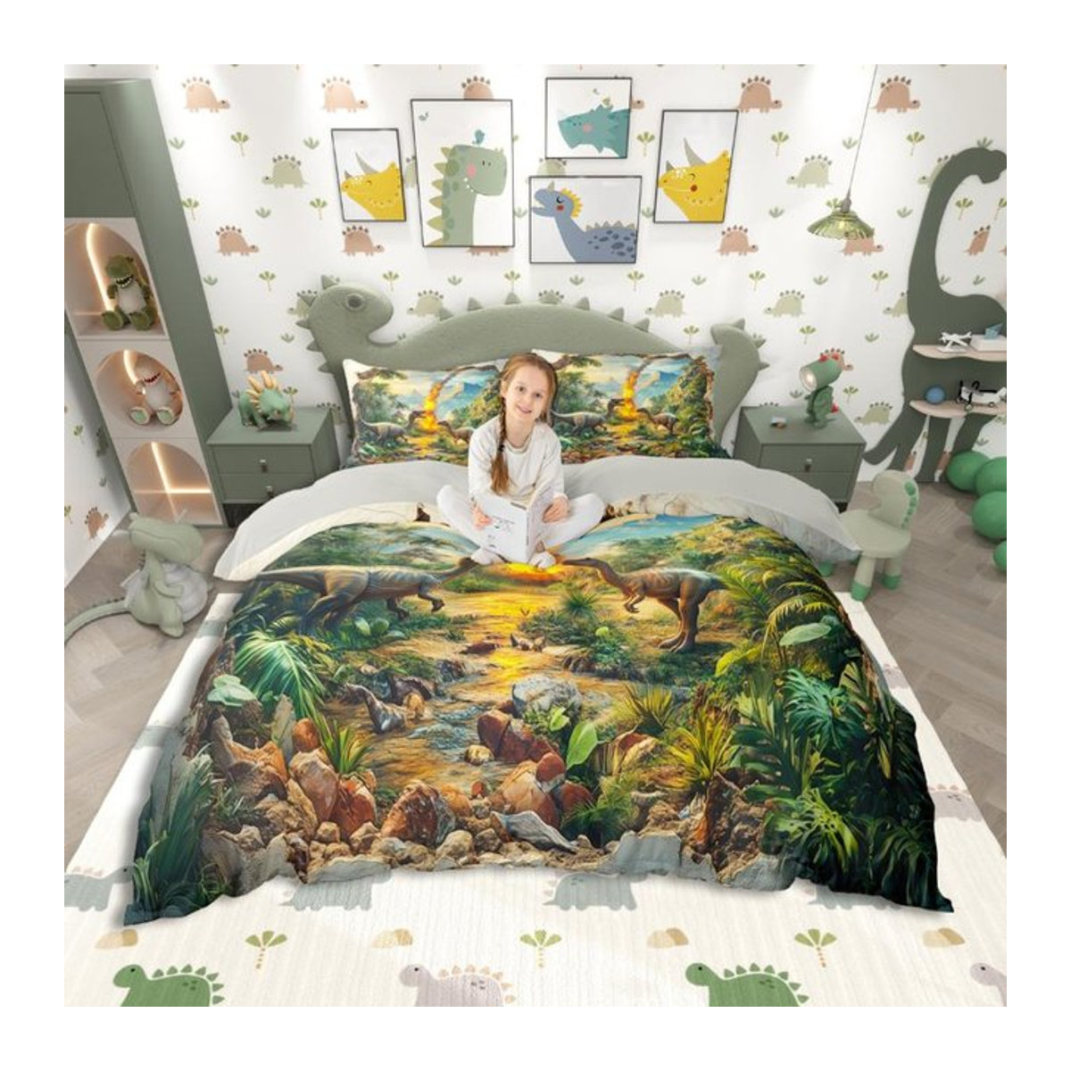 Homewish Dinosaurier Bettwäsche-Set mit Wildtier- und Monstera-Motiv für Kinder, 3-teilig, B/H: 135 x 200 cm - Bild 1