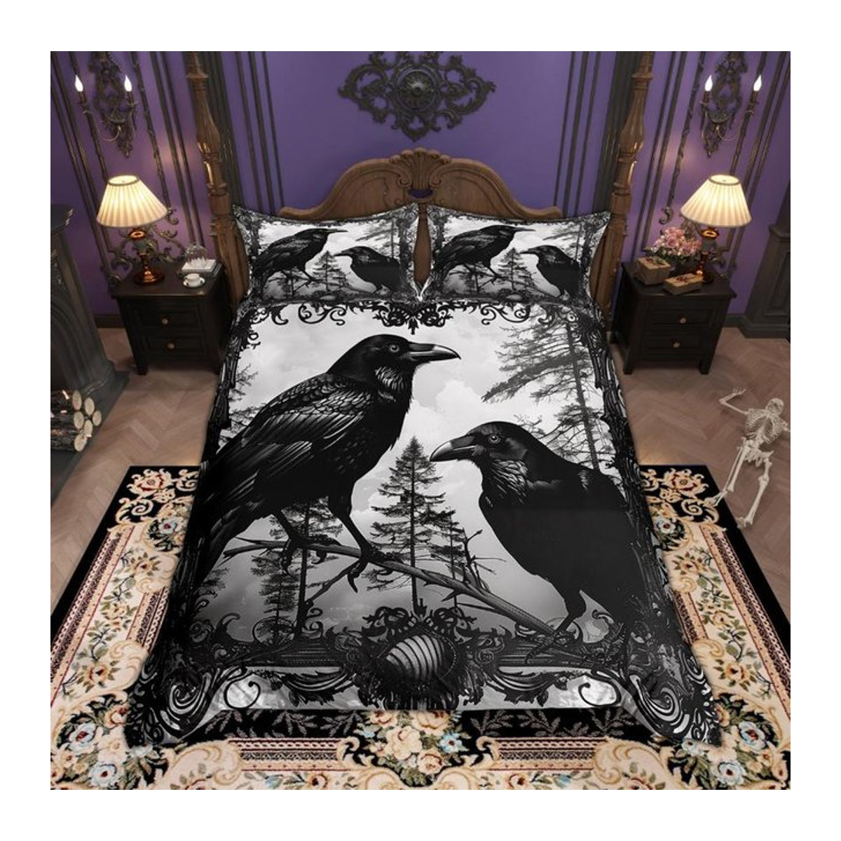 Homewish Halloween Bettwäsche Set mit Krähen und botanischem Blumenmuster, Schwarz, B/H: 100 x 135 cm - Bild 1