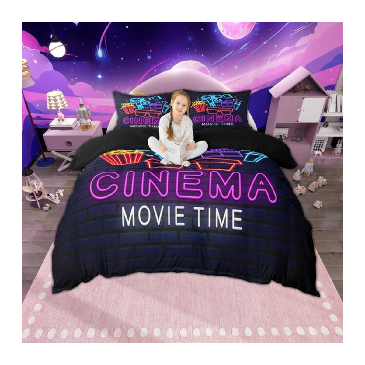 Homewish Vintage Kino Bettwäsche-Set mit Filmzeit und Popcorn-Print, Multicolor, Single, B/H: 135 x 200 cm - Bild 1