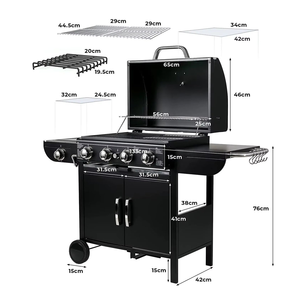 Homfa Gasgrill in Schwarz mit Piezo-Zündung, Thermometer und 4 x 1000 BTU / 2,93 kW Leistung für Garten und Camping - Bild 2