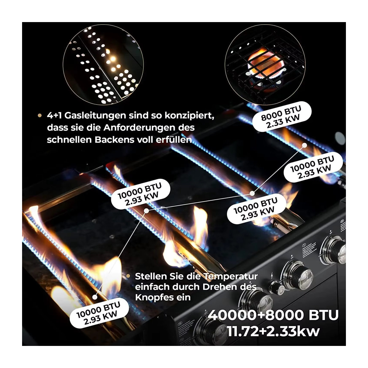 Homfa Gasgrill in Schwarz mit Piezo-Zündung, Thermometer und 4 x 1000 BTU / 2,93 kW Leistung für Garten und Camping - Bild 4