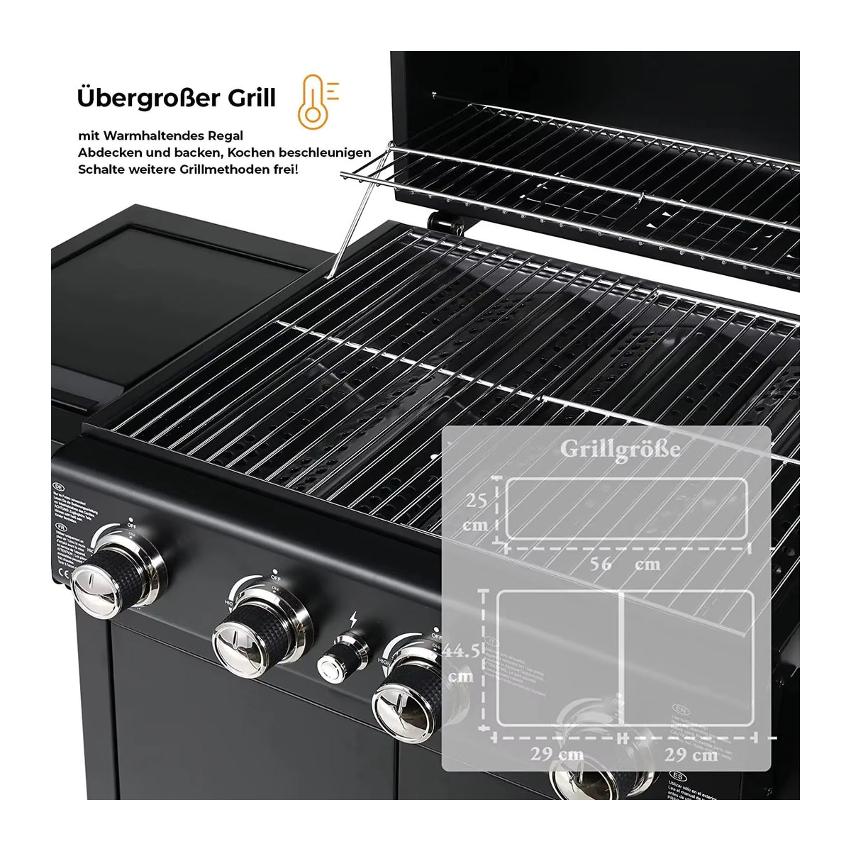 Homfa Gasgrill in Schwarz mit Piezo-Zündung, Thermometer und 4 x 1000 BTU / 2,93 kW Leistung für Garten und Camping - Bild 5
