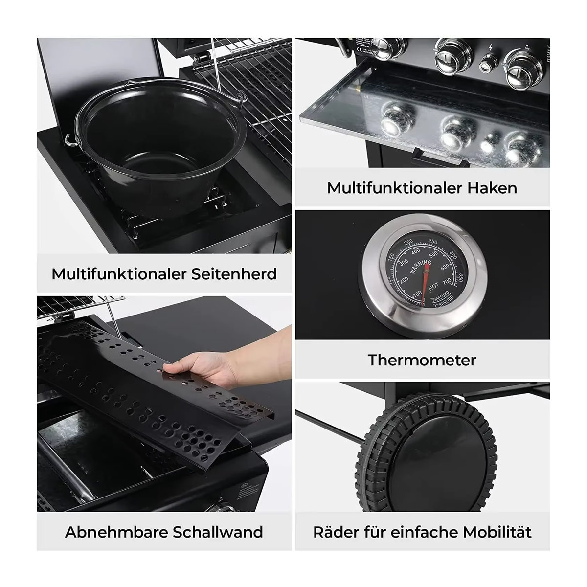 Homfa Gasgrill in Schwarz mit Piezo-Zündung, Thermometer und 4 x 1000 BTU / 2,93 kW Leistung für Garten und Camping - Bild 6