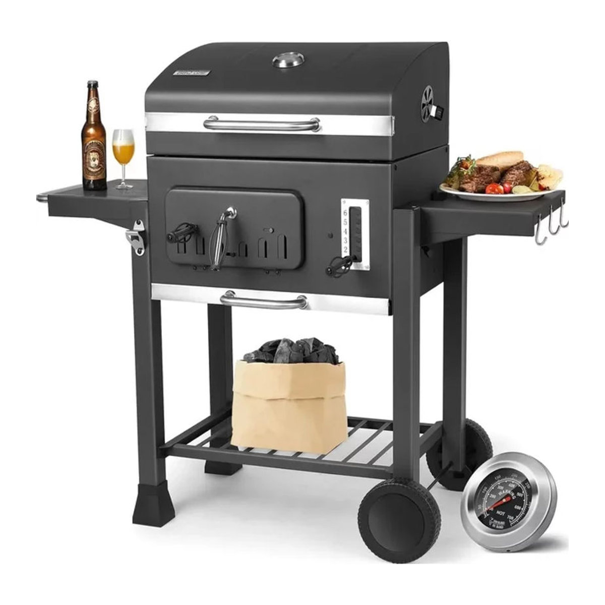 Homfa Holzkohlegrill aus Metall in Schwarz mit 2 faltbaren Beistelltischen, Ablagefach, 8 Haken, verstellbarem Holzkohletablett und ausziehbarem Aschenbecher - Bild 1