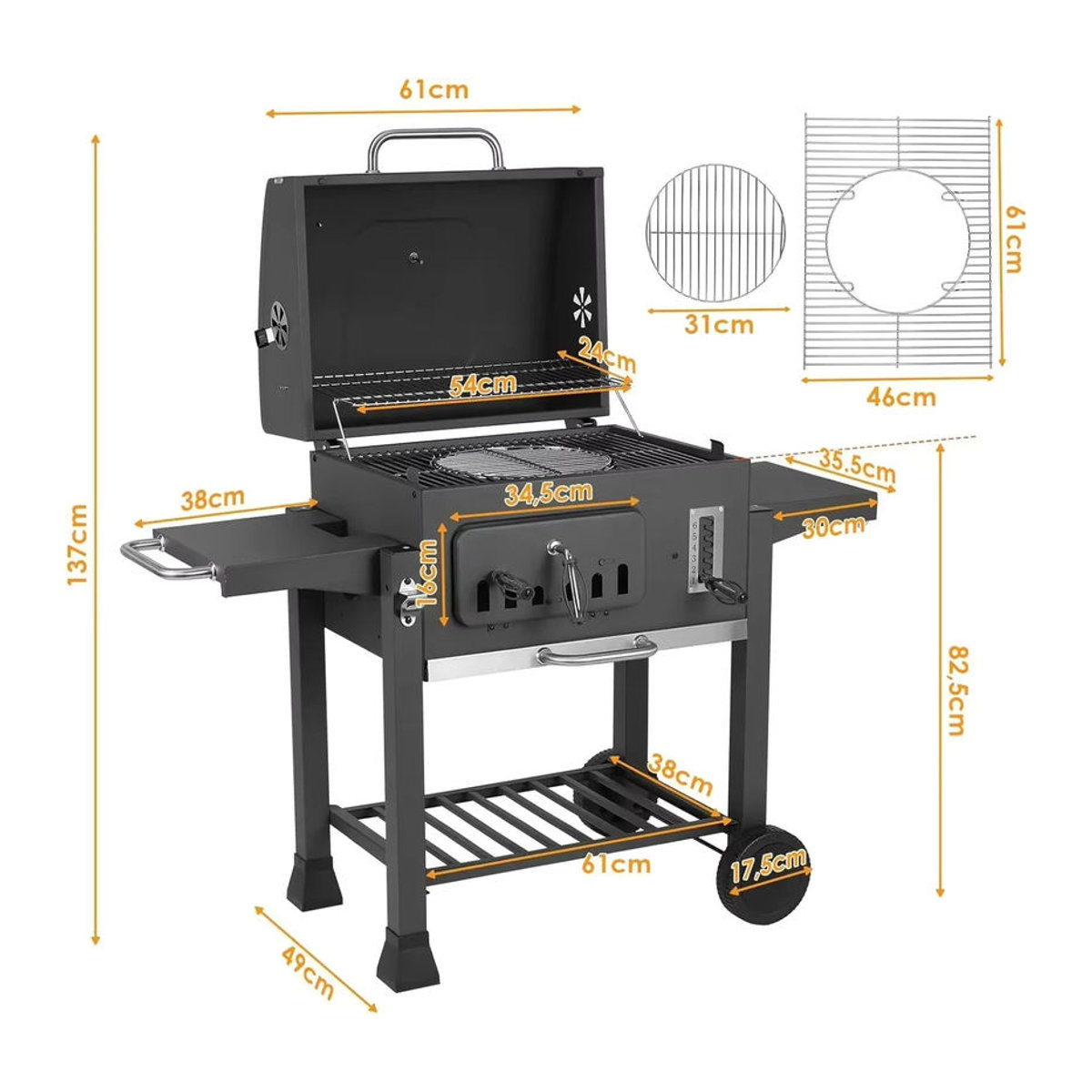 Homfa Holzkohlegrill aus Metall in Schwarz mit 2 faltbaren Beistelltischen, Ablagefach, 8 Haken, verstellbarem Holzkohletablett und ausziehbarem Aschenbecher - Bild 2