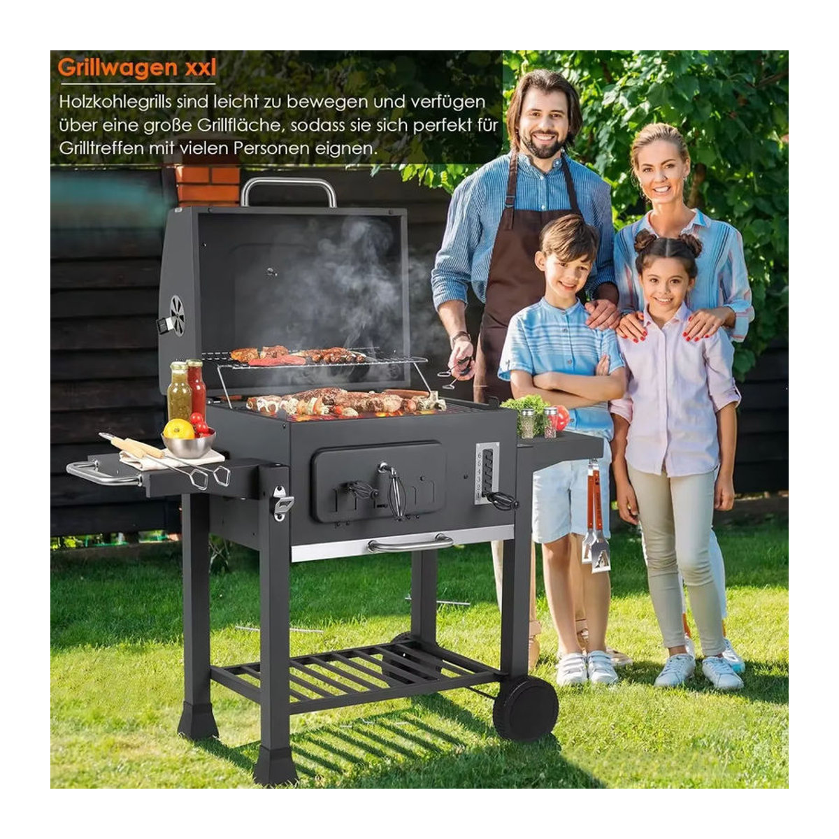 Homfa Holzkohlegrill aus Metall in Schwarz mit 2 faltbaren Beistelltischen, Ablagefach, 8 Haken, verstellbarem Holzkohletablett und ausziehbarem Aschenbecher - Bild 3