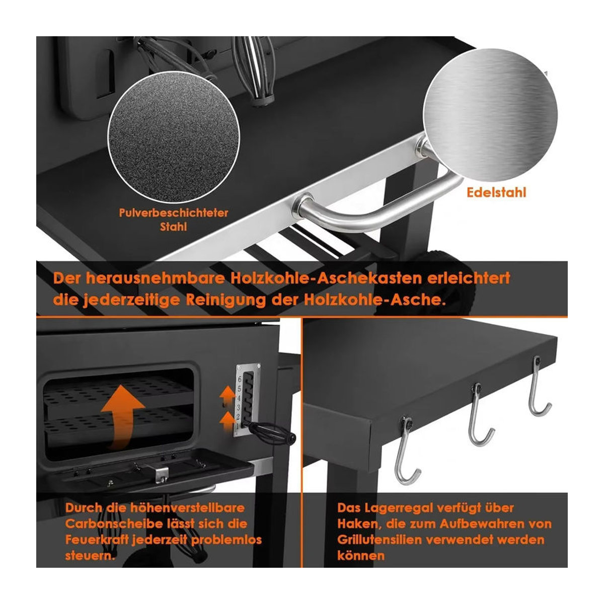 Homfa Holzkohlegrill aus Metall in Schwarz mit 2 faltbaren Beistelltischen, Ablagefach, 8 Haken, verstellbarem Holzkohletablett und ausziehbarem Aschenbecher - Bild 4