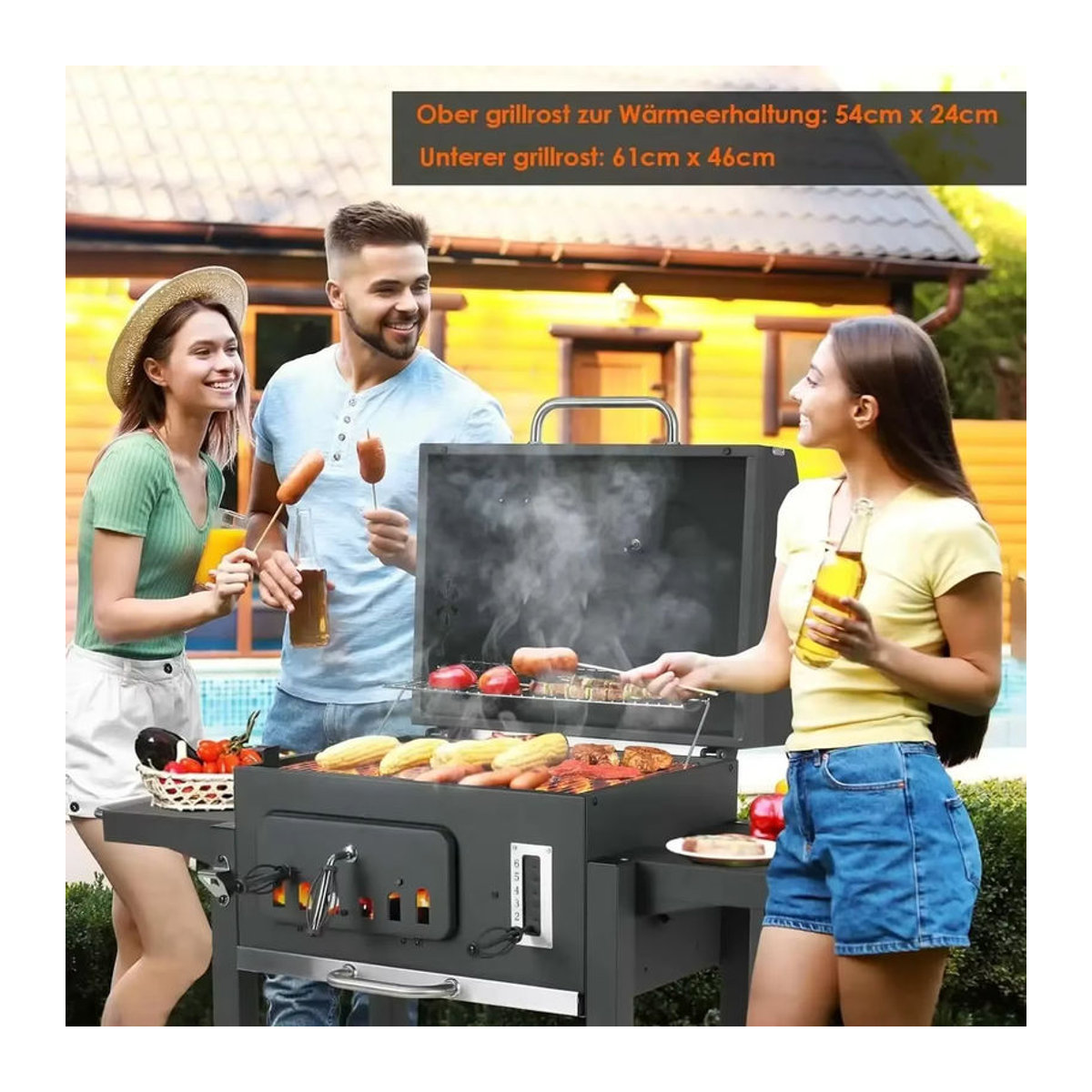 Homfa Holzkohlegrill aus Metall in Schwarz mit 2 faltbaren Beistelltischen, Ablagefach, 8 Haken, verstellbarem Holzkohletablett und ausziehbarem Aschenbecher - Bild 5