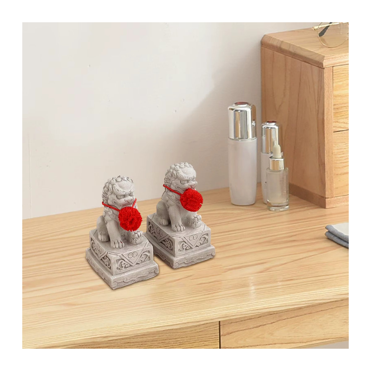 Homyl 2er Set Fu Fu Hunde Steinstatuen Miniatur Löwen in Grau für Feng Shui Dekoration - Bild 2
