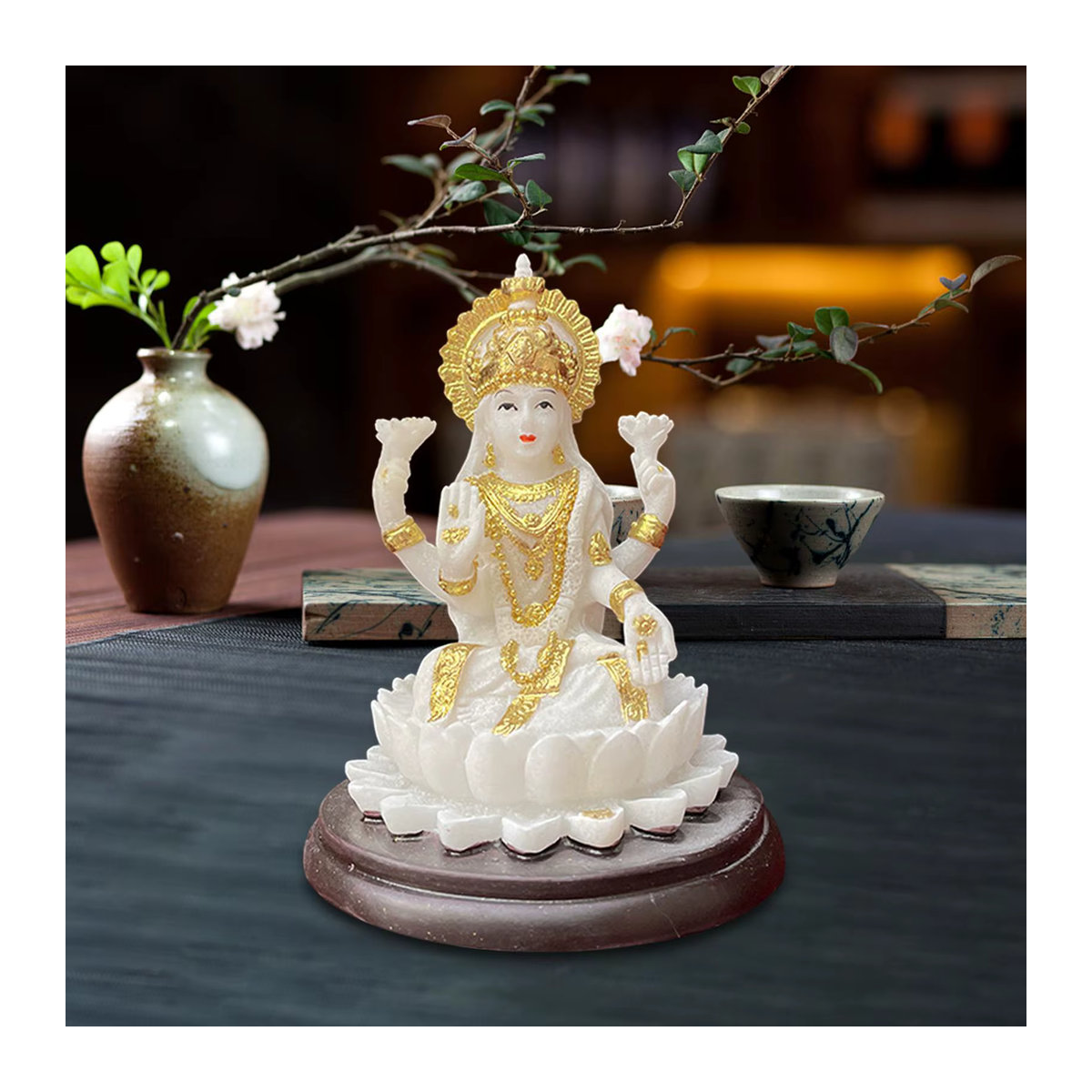 Homyl Lakshmi Statue Indische Göttin in Weiß aus Kunstharz als Feng Shui Dekorationsfigur für Tisch und Regal - Bild 3