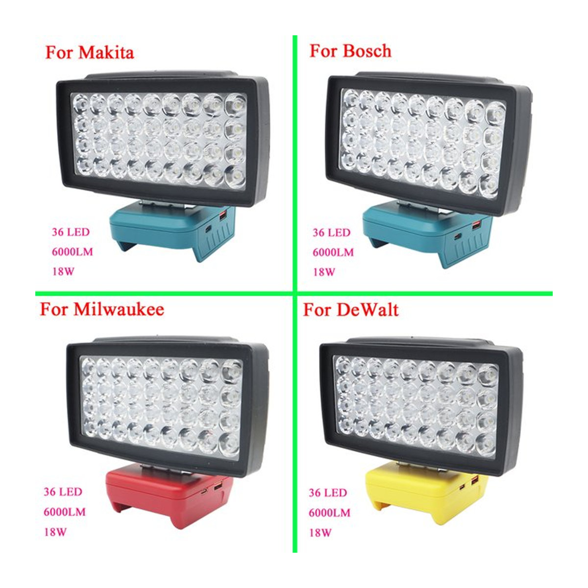 HongSong LED Arbeitsleuchte mit 36 LEDs und USB Power Bank Funktion für Makita, DeWalt, Bosch und Milwaukee Akkus - Bild 1