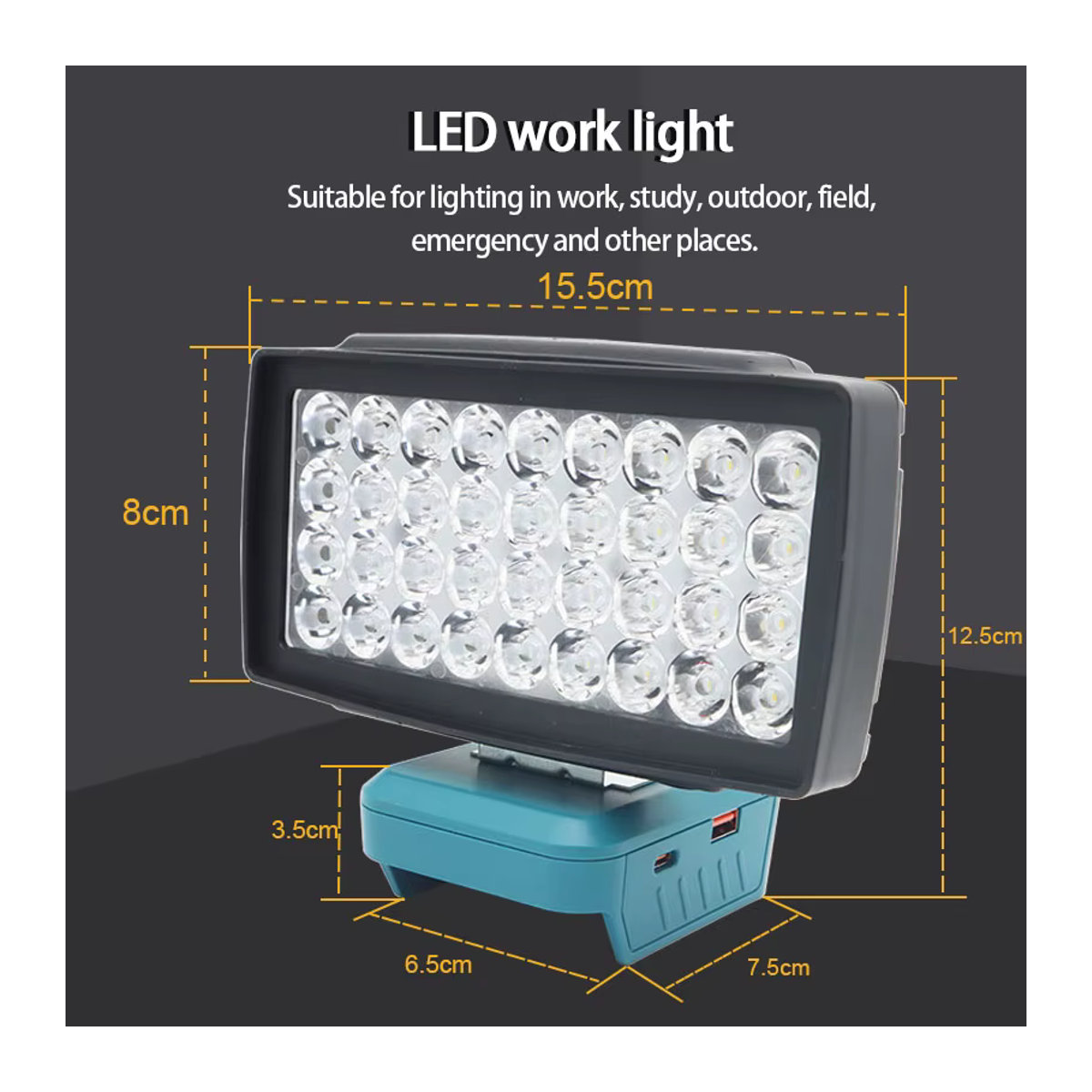 HongSong LED Arbeitsleuchte mit 36 LEDs und USB Power Bank Funktion für Makita, DeWalt, Bosch und Milwaukee Akkus - Bild 2