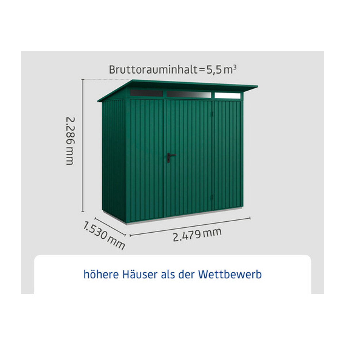 Hörmann Ecostar Gerätehaus Trend mit Pultdach aus Metall und Aluminium in Grün, B/H/T: 248 x 153 x 189 cm - Bild 3